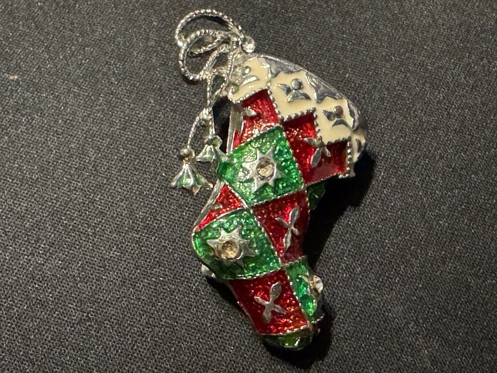 Vintage Red, Green Christmas Stocking Brooch